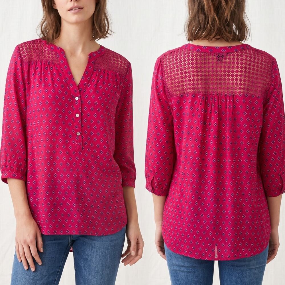 Tommy Hilfiger XL Pink Patterned Blouse 3/4 Sleeve Split V Neck
